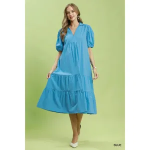 Umgee Solid Tiered Midi Dress‎ - Blue - Small thumbnail 4