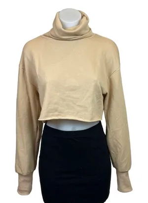 Adika Womens Nude Beige Cropped Raw Hem Long Sleeve Turtleneck Sweatshirt Size S thumbnail 1