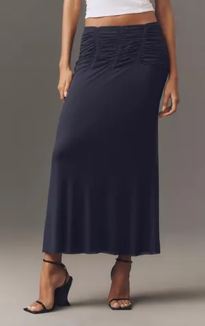 Anthropologie Maeve Yoke Ruched Navy Blue Skirt XS thumbnail 1