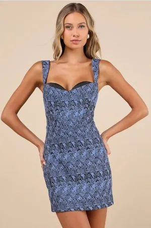 Lulus Jacquard Dress Womens Large Blue Lace Floral Sweetheart Party thumbnail 1
