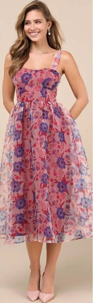Lulus Delightful Look Magenta Floral Print Bustier Midi Skater Dress Size Large thumbnail 1