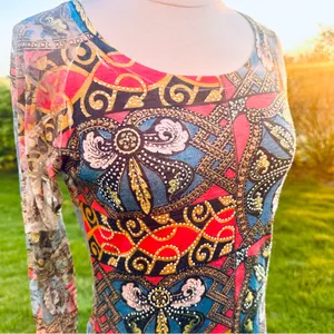 Vocal Rhinestone Embellished Mesh Top | Boho Y2K Graphic Print Long Sleeve M thumbnail 7