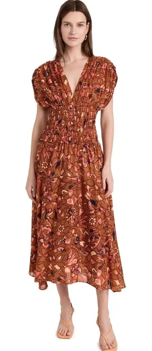 A.L.C.‎ Lucia Floral Smocked Midi Dress Size 6 NWT Burnt Orange thumbnail 1
