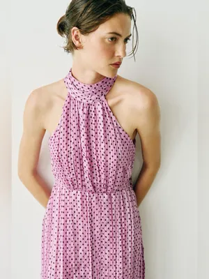 NWT Zara Polka Dot Halter Neckline Midi Pleated Satin Bloggers Fave Dress thumbnail 5