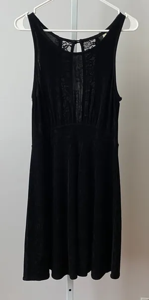 Free People Large Black Mini Dress Lace Back Floral‎ Textured Fit and Flare Boho thumbnail 1