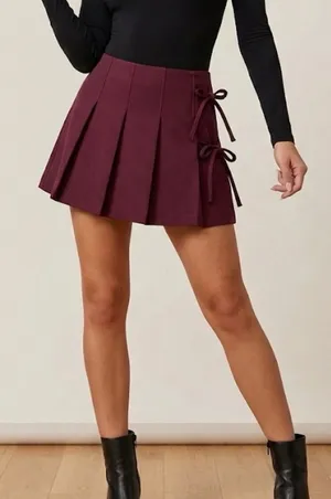 Bershka Burgundy Women’s Pleated Mini Skirt/Short with Side Bow Detail‎ Size M thumbnail 1