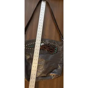 Brown leather BOHO Southwest fringe bag purse studded Turquoise Accent Aztec thumbnail 8