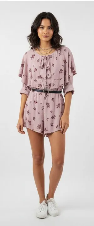 Free People Stealing Kiss Mauve Floral Romper Ruffle Flutter Sleeve‎ Tie Front M thumbnail 1