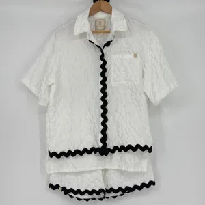 Simply Southern White Seersucker Pajama Set Short Sleeve Black Trim‎ Small NWT thumbnail 3