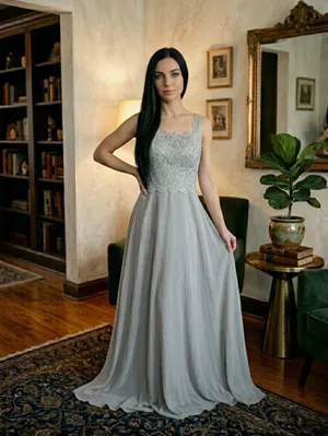 NWT Marina Silver/Grey Lace Chiffon Long Gown Size 6 | Elegant Wedding Guest thumbnail 4