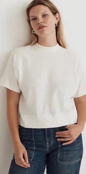 Madewell Womens Waffle Mockneck Tee Crew Neck Short Sleeve Lighthouse Ivory XS thumbnail 1