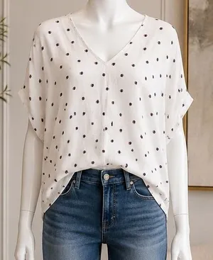 Lush Womens Blouse White Geometric Dot V-Neck Relaxed Short Sleeve M thumbnail 1