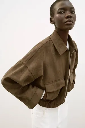 Zara Brown Tan Suede Faux Leather Bomber Jacket Outerwear thumbnail 7