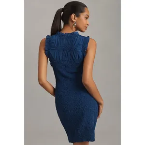By Anthropologie Mock-Neck Textured Smocked Stretch Dress Blue Mini thumbnail 10