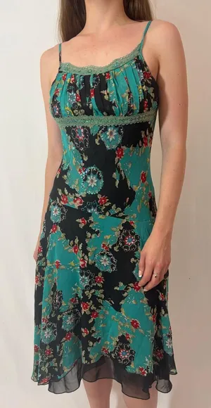 Blue Floral Paisley Mesh Fairy Sequin Silky Vintage Midi Dress thumbnail 1