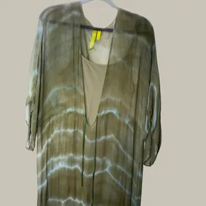 Green Dragon Tie Dye Maxi Dress Olive Green Boho Sheer Overlay Slip Dress L thumbnail 3
