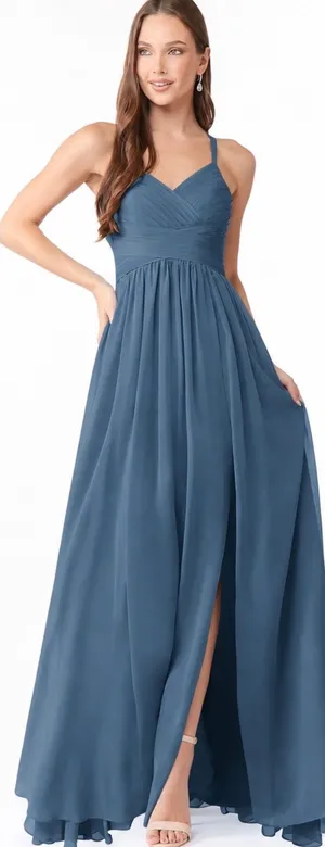 Azazie Jeanna Bridesmaid Dress Bermuda Blue Chiffon Pleated Strappy Back A8 NEW thumbnail 1