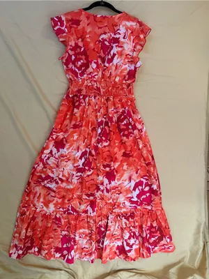 V-Neck Floral Maxi/midi Dress in Orange & Red, ruffled hem, size medium NWOT thumbnail 5