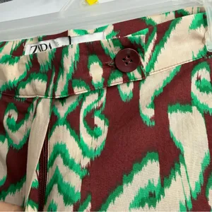 Zara Selena Printed Pants Womens XS Green Brown Wide Leg Cotton NWT thumbnail 4