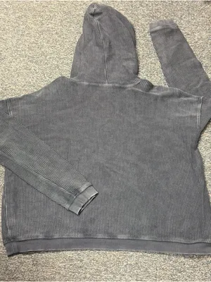 Aerie Charcoal Gray Ribbed Cropped Hoodie Size Small Oversized Pullover thumbnail 7