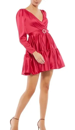 Ieena for Mac Duggal 26657 Buckle Belt Long Sleeve Dress in Rouge Size 10 thumbnail 1