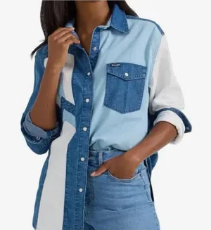 Wrangler Retro Women's Pieced Boyfriend Fit Western Denim Shirt Large nwt thumbnail 1