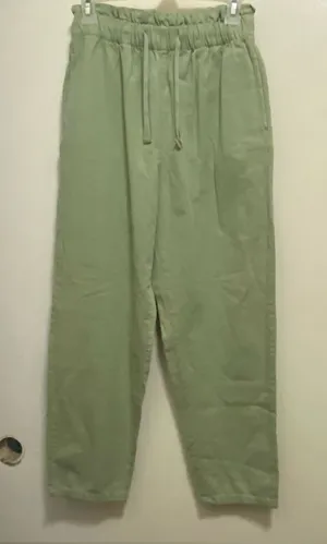 Zara Womens Pants S Small Olive Sage Green Paperbag Waist Light Denim Casual thumbnail 1