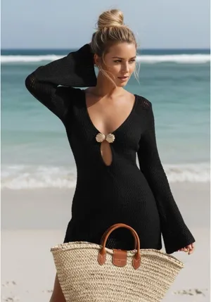 Alice + Olivia Coastal Luxe Black Knit Swim Cover-Up Dress NWT Small thumbnail 3