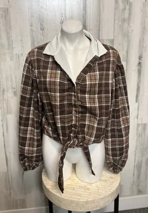 SHEIN Plaid Contrast Collar Tie Front Crop Top Womens Large Brown Lantern Sleeve thumbnail 1
