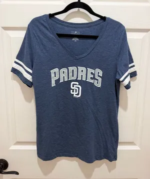 San Diego Padres Women's V-Neck T-Shirt Size Large Blue 5th & Ocean Y2K thumbnail 1