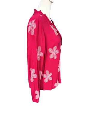 Maurices pink floral embroidered long sleeve keyhole ruffled neckline top M thumbnail 3