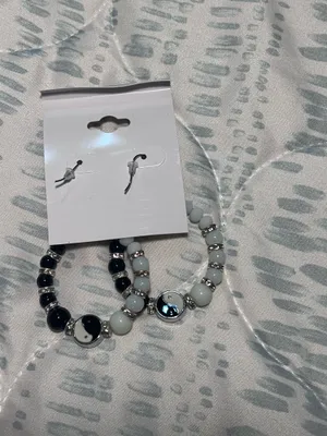 Beaded hoop earrings, Blossom brand, black and white yin yang design with silver accents thumbnail 5