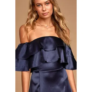 Lulus Pure Happiness Navy Blue Dress Size Small Satin Off-the-Shoulder Long New thumbnail 3
