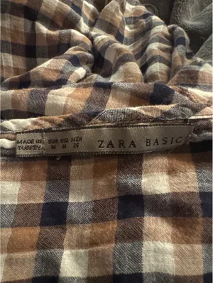 Zara Basic Women's Brown and Navy Blue Plaid Button thumbnail 3