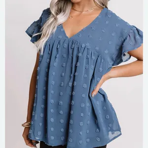 Entro Blue V-Neck Flutter Sleeve Women's Top thumbnail 3