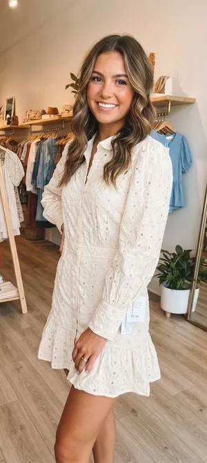$198 Karlie Cream Eyelet Button-Front Ruffle Mini Dress M thumbnail 1