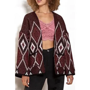 NEW POL Burgundy Black Diamond Pattern Chunky Knit Cardigan S thumbnail 6