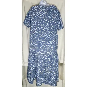 Blue White Polka Dot Tiered Midi Dress Puff Sleeve Boho No Size Tag Fits XL/2XL) thumbnail 2