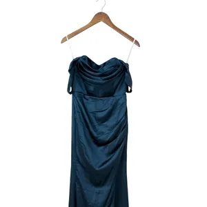 Lulus Stunning Arrival Dark Teal Satin Off-The-Shoulder Maxi Dress size M EUC thumbnail 5
