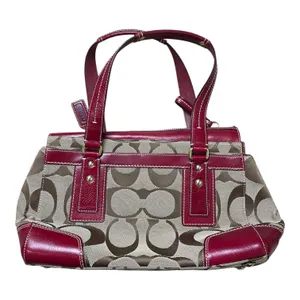 Coach Hampton Jacquard Large Signature Stripe Canvas Red Leather Shoulder Bag thumbnail 7