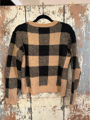 NWT Oak + Fort Checkered Crewneck Sweater Size Small Black & Tan thumbnail 5