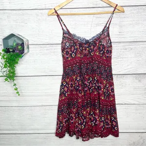 Hollister Bohemian Lace Trim Spaghetti Strap Mini Dress Size Medium Red Blue thumbnail 9