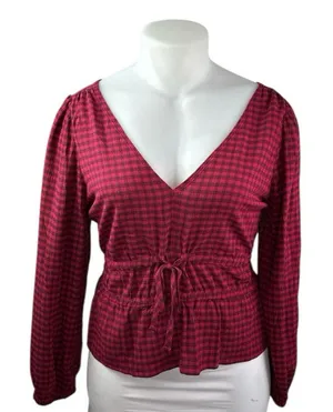 Madewell Red Long Sleeve Plaid Crinkle V Neck Tie Peplum Blouse Top Size XL thumbnail 1