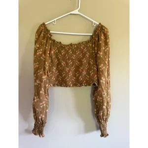 Aerie Smocked Crop Top Brown Floral Long Sleeve‎ Ruffle Blouse Small thumbnail 2