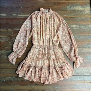 FATE Paisley Smocked Ruffle Neck Balloon Sleeve Flounce Mini Dress Sz S🧡🍄 thumbnail 8