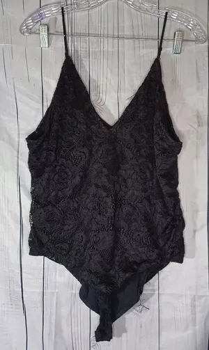 Nine Britton Black Floral Lace Sleeveless V-Neck Festival Whimsigoth Bodysuit thumbnail 1