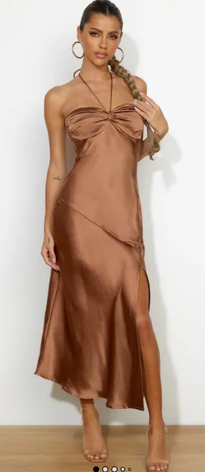 Hello Molly NWT Strapless Satin Dress in Rich Brown thumbnail 1