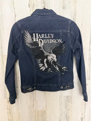 Harley-Davidson Women’s XS Denim Jacket Eagle Rhinestone Embroidered Moto thumbnail 12