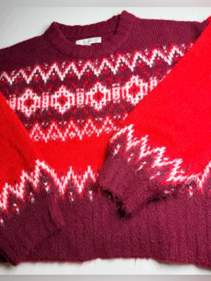 LOFT Women’s Fuzzy Fair Isle Oversized Sweater Small Red Burgundy Wool Blend thumbnail 6
