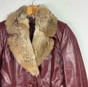 Vintage Leather Rabbitt Fur Trim Trench Tie Jacket Sz 5/6 Maroon Y2K Mob Wife thumbnail 4